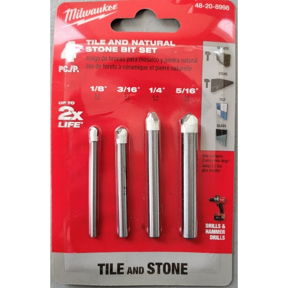 Milwaukee 4-Piece Tile and Natural Stone Bit Set 48-20-8998 Carbide Drill Bits